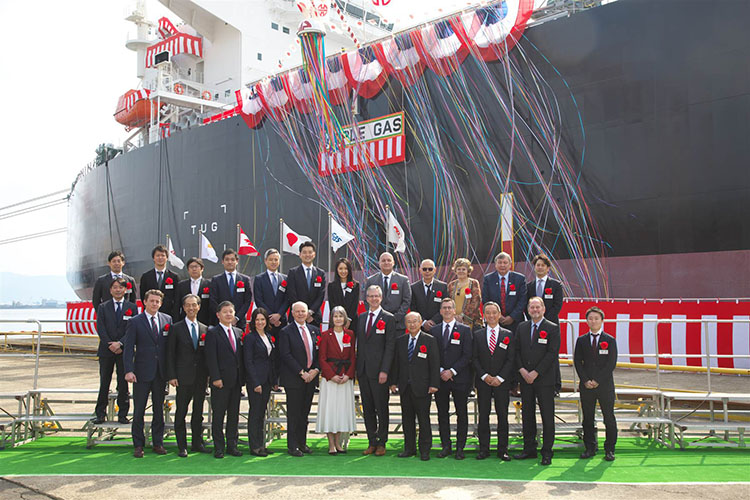 Representatives from Astomos Energy Corporation, Lax Kwa'laams Band, Metlakatla, Executive Trade Alberta, Canada’s Ambassador to Japan, and AltaGas attend the naming ceremony for “Maple Gas”.