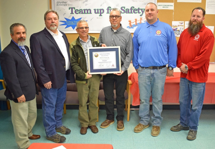 Pictured, left to right: Sr. Director of Operations, Power, AltaGas Services US Mike Ludwin; Plant General Manager Bill Cotton; State of California VPP Star Program Director Iraj Pourmehraban; Compliance Manager Ramon Campos; Production Technician Leader Miles Coverdale; and Blythe Energy Union Representative Colin Lavin