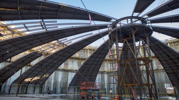 The roof of Canada's first propane storage tank is being constructed in segments and the roof will be air lifted into place in January. It is part of the AltaGas Ridley Island Propane Export Terminal.