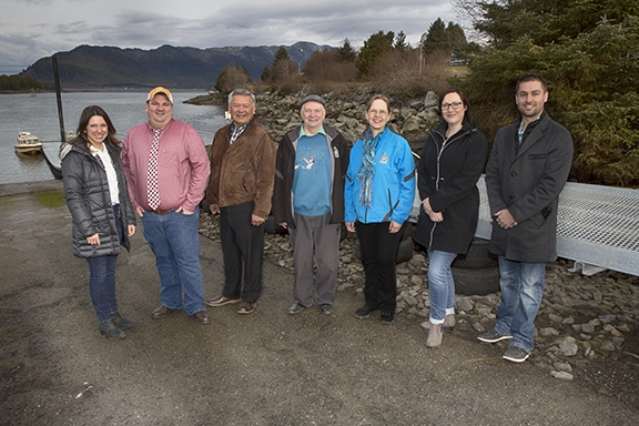 Jennifer Osmar, AltaGas Ltd., Mike Pucci, DP World, Gerald Wesley, NDIT, Mayor Dave MacDonald, Councillor Christine MacKenzie, Samantha Donnelly, AltaGas Ltd. and Brad Landry, AltaGas Ltd. in front of the new public dock in Port Edward.